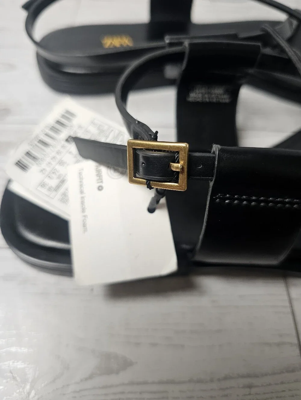 ​ZARA Black Flat Sandals Gold Toe Loop Hardware Size US 6.5 EU 37 New With Tags - Picture 9 of 11